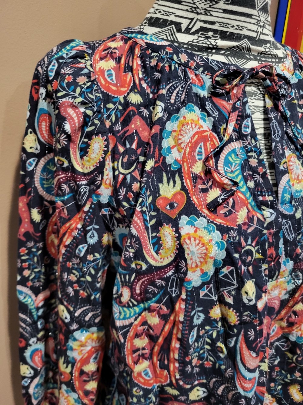 LOFT Navy Paisley Tie-Neck Blouse with Mystic Fantasy Motifs - Picture 2 of 10